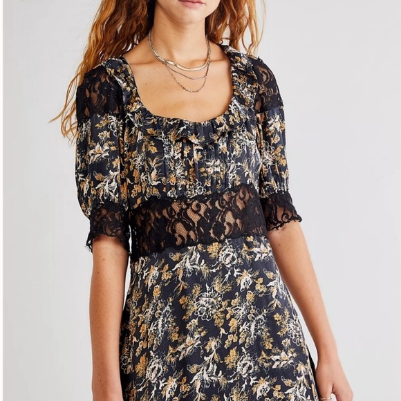 Free People Black Orange Floral Lace Short Sleeve Dress - Picture 6 of 12